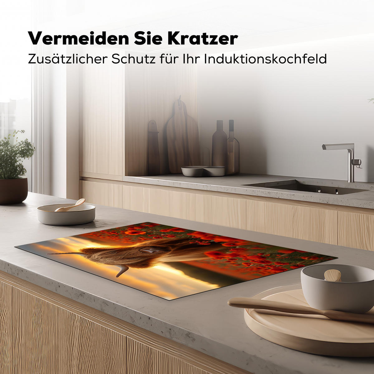 HERDABDECKPLATTE Schottische Highlander - Rosen - Blumenfeld - Sonnenuntergang Ceranfeldabdeckung 80x52 cm - Rotbraun, Kunststoff (80/52/0.2cm) - MuchoWow