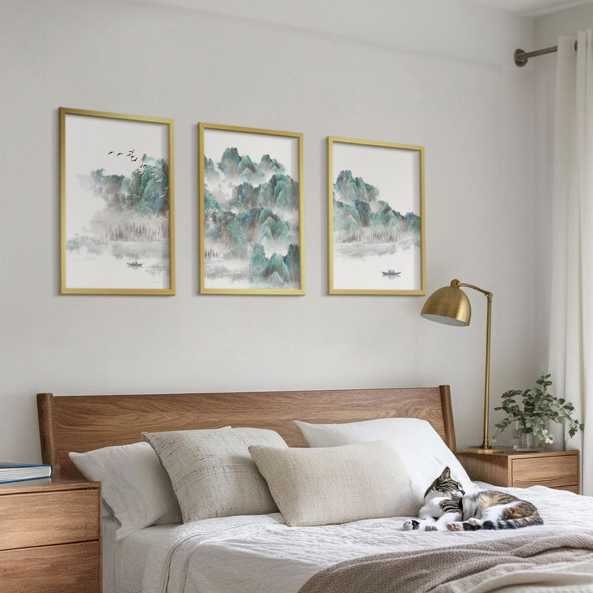 WANDBILDER 3er Set - 40x60 cm Goldrahmen - Berge, Wolken, Vögel, Boot, Japandi - Goldfarben, Kunststoff (40/60cm) - ArtPrintCave