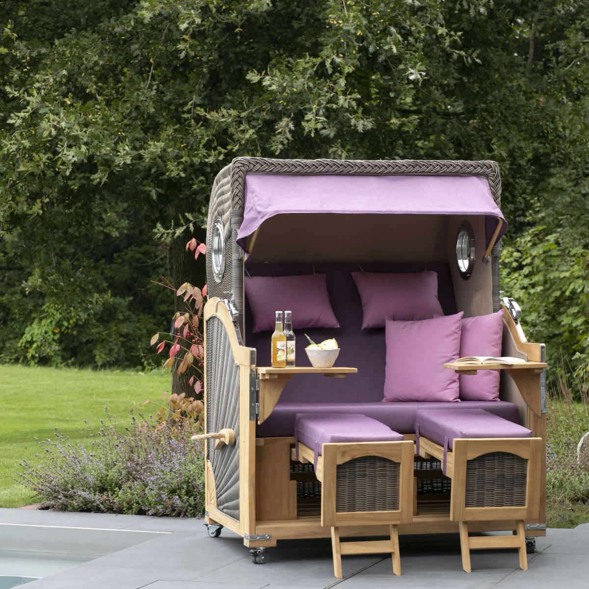 STRANDKORB Düne Grande Bullauge Teak PE Grey Dessin 590 - Violett/Lila, Metall (142/170/95cm) - Mr. Deko