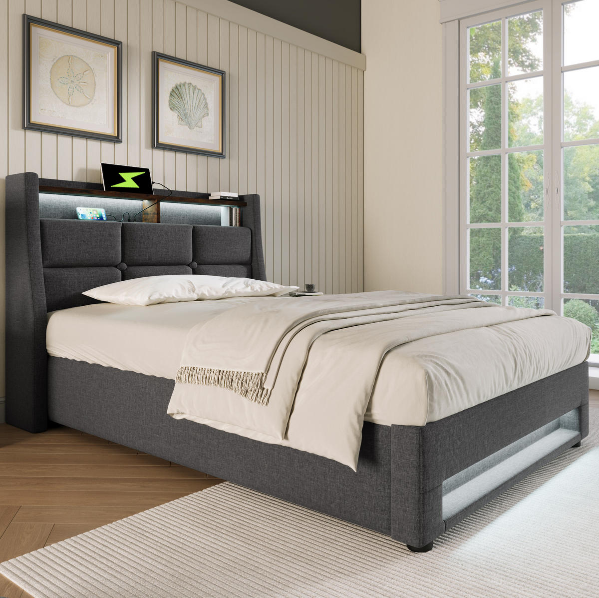 POLSTERBETT mit LED und USB 90x200 cm Grau inkl. Matratze - Grau, Metall (90/200cm) - Meubliv
