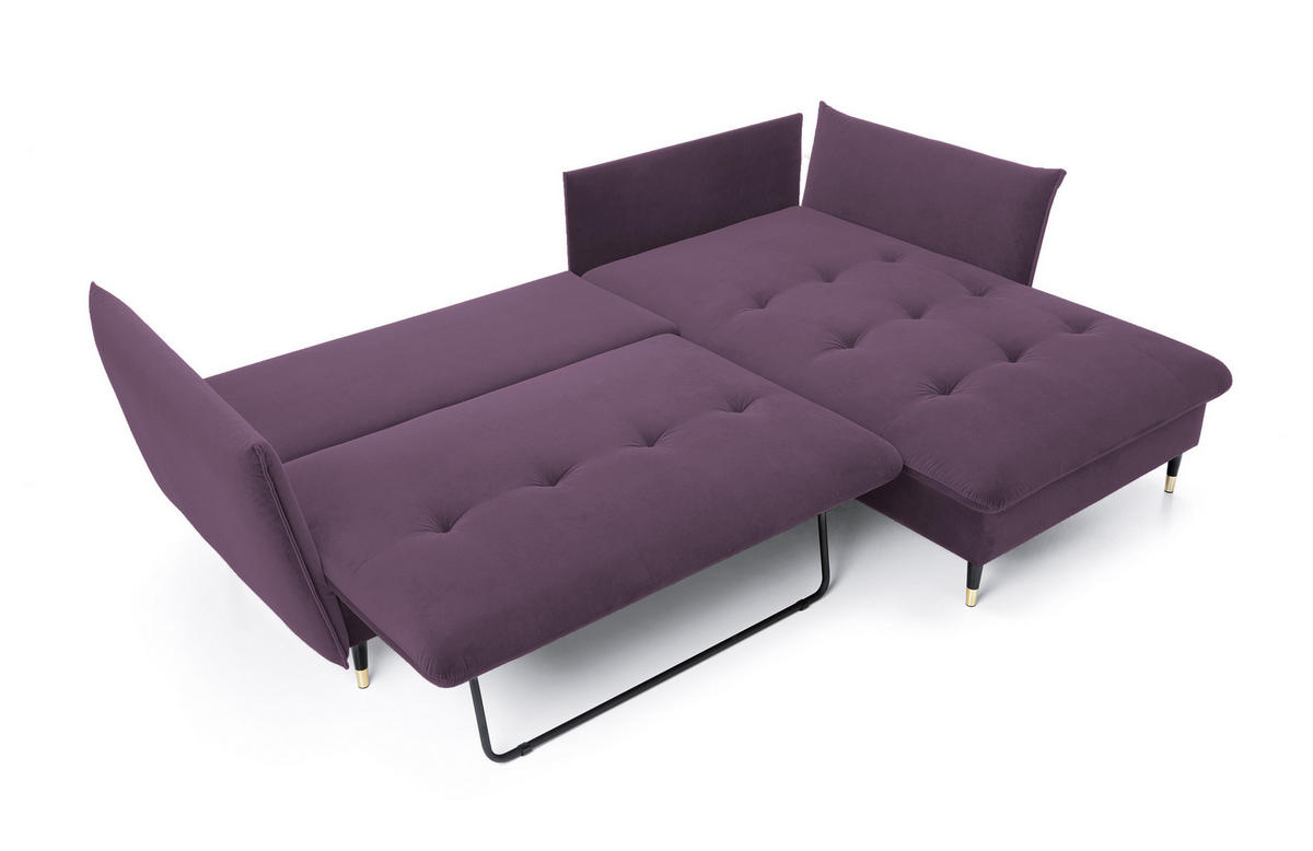 ECKSOFA GLAM mit Schlaffunktion, Ottomane & goldenen Füßen – Samtsofa im Glamour-Stil mit Zierkissen, 258x167x91 cm, rechte, lila​ - Lila, Holz/Textil (258/167cm) - DomoHome