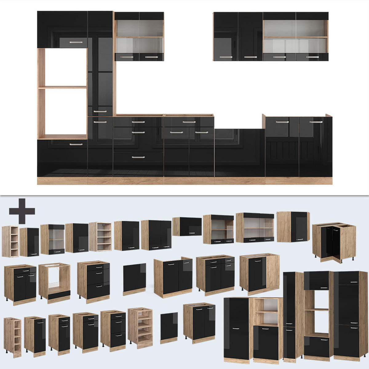 KÜCHENZEILE R-Line Schwarz Hochglanz/Goldkraft Eiche 350 cm AP Anthrazit - Schwarz Hochglanz/Eiche Wotan, Holzwerkstoff (350/81.6/60cm) - Vicco
