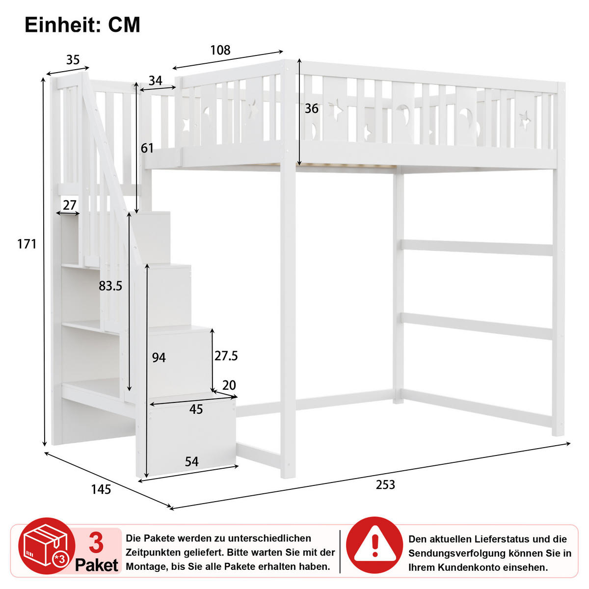 HOCHBETT 140/200 cm in Weiß mit Treppe, Regal und Stern- & Mondmotiv - Weiß, Holz/Holzwerkstoff (140/200cm) - CHICFURN