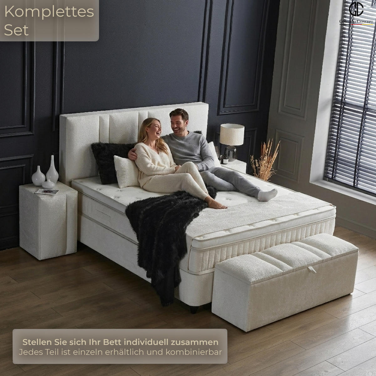 BOXSPRINGBETT MIT BETTKASTEN AURORA 140/200 cm, Beige, Bettkasten, Matratze, Topper integriert, H3 mittel - Beige/Schwarz, Holz/Kunststoff (140/200cm) - Consilio Concept