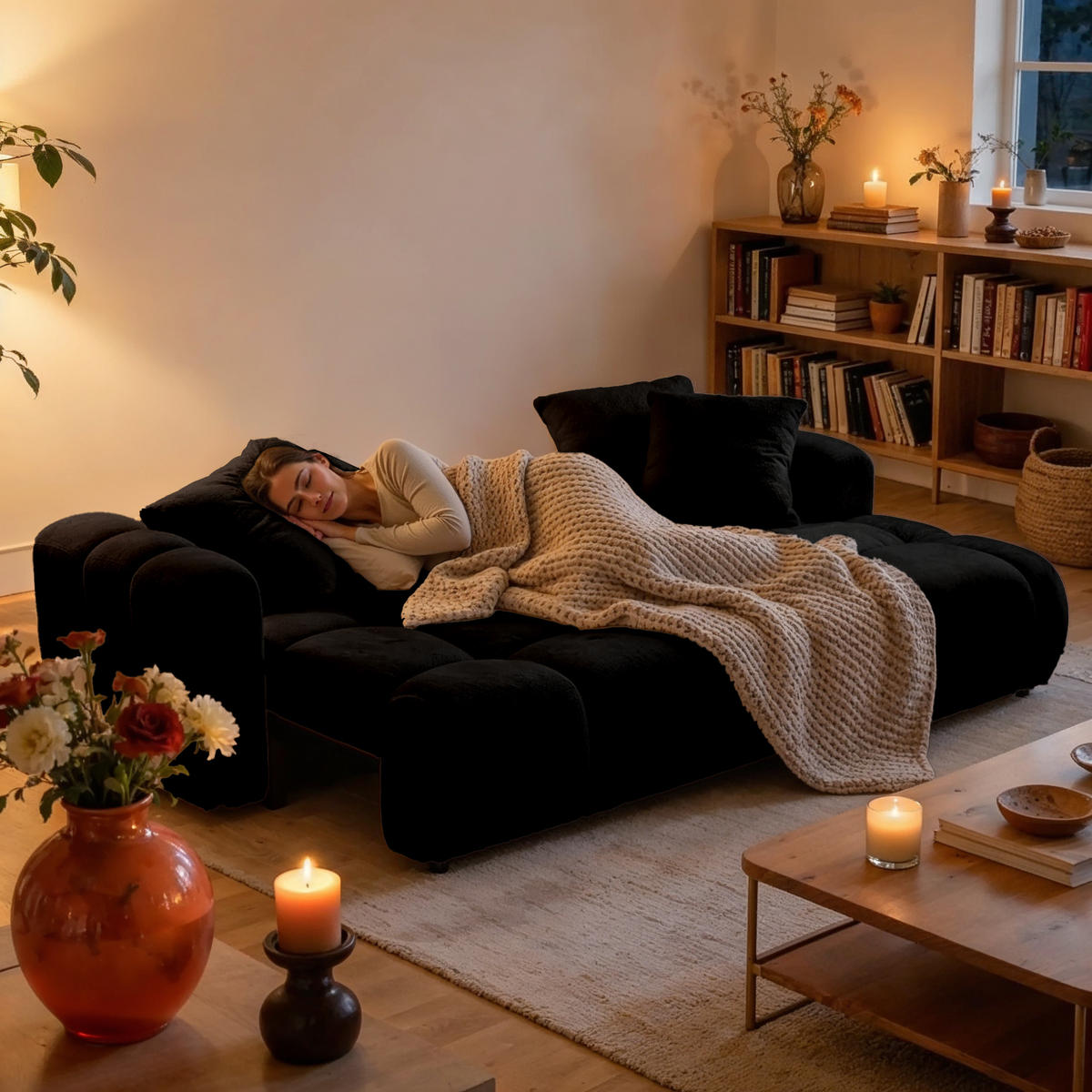 ECKSOFA CALM L Rechts mit Schlaffunktion 140x215 Webstoff schwarz - Schwarz, Holz/Kunststoff (151/261cm) - Muffo