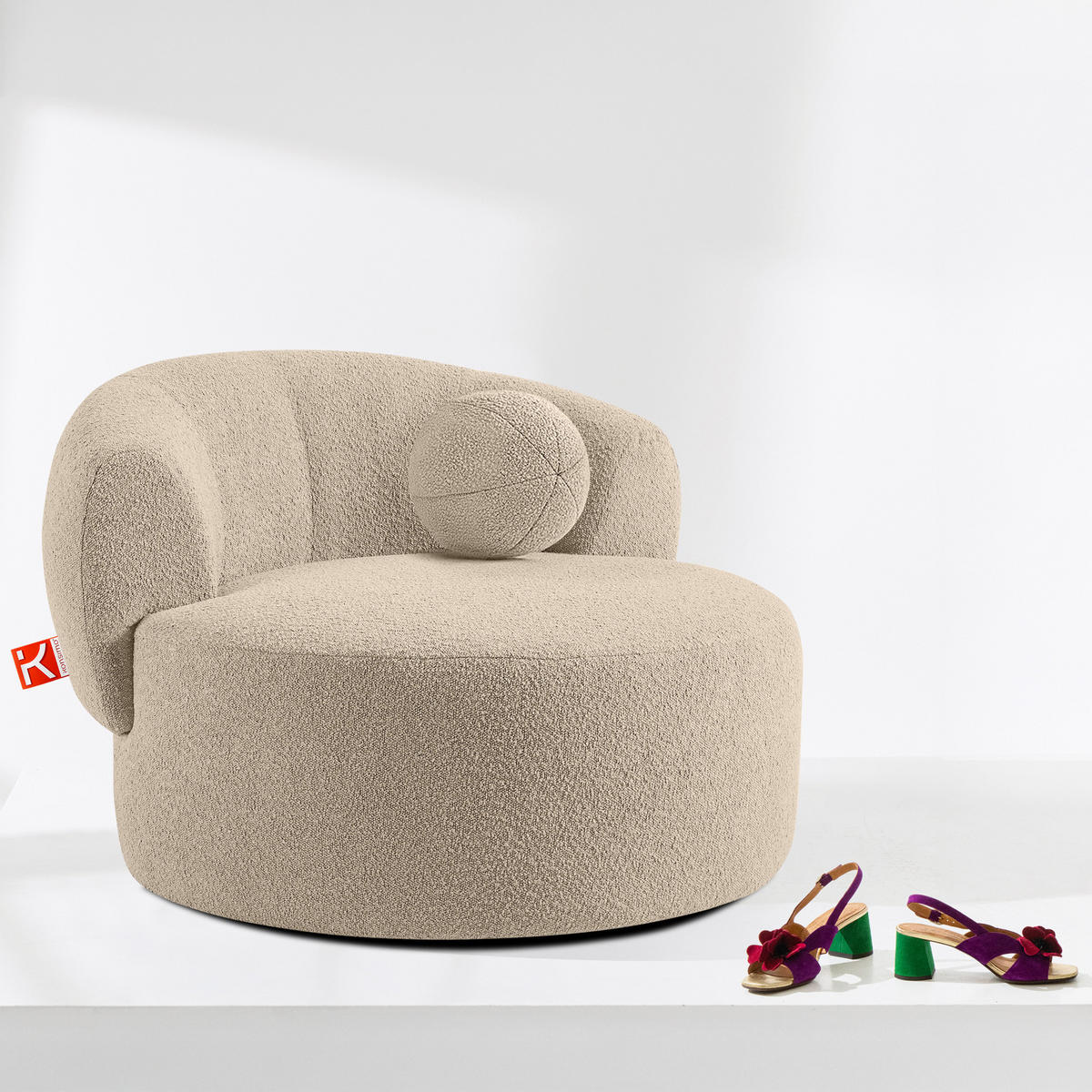 DREHSESSEL VIRA, Hellbeige, Bouclé - Hellbraun/Schwarz, Holz/Holzwerkstoff (105/76/100cm) - KONSIMO®