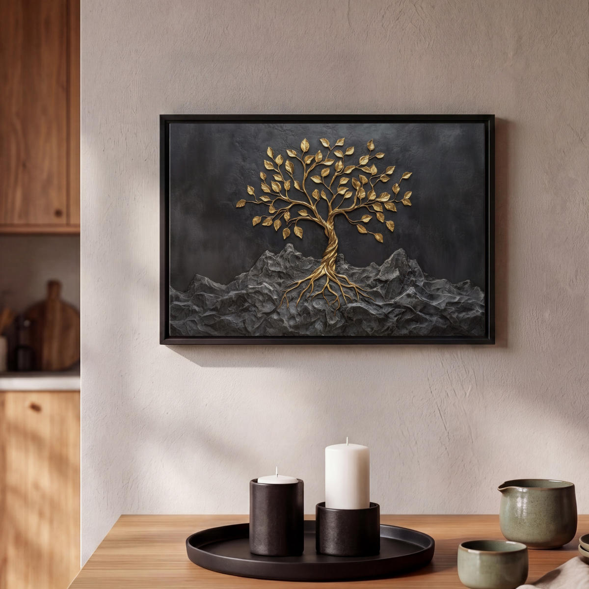 LEINWAND Bilder mit Rahmen - Blätter - Gold - Baum - Fels - 30x20 - Schwarz, Textil (30/20cm) - MuchoWow