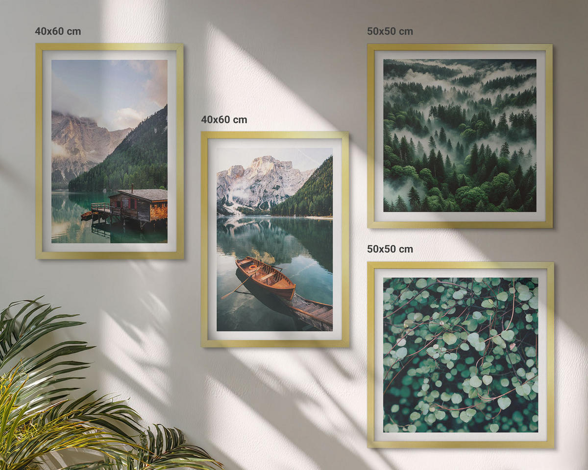 BILDER SET 4er Set - 50x50 cm & 40x60 cm Goldrahmen - Nebel auf dem Bergsee, Bootsfahrten, Nebel - Goldfarben, Kunststoff (50/50cm) - TULUP