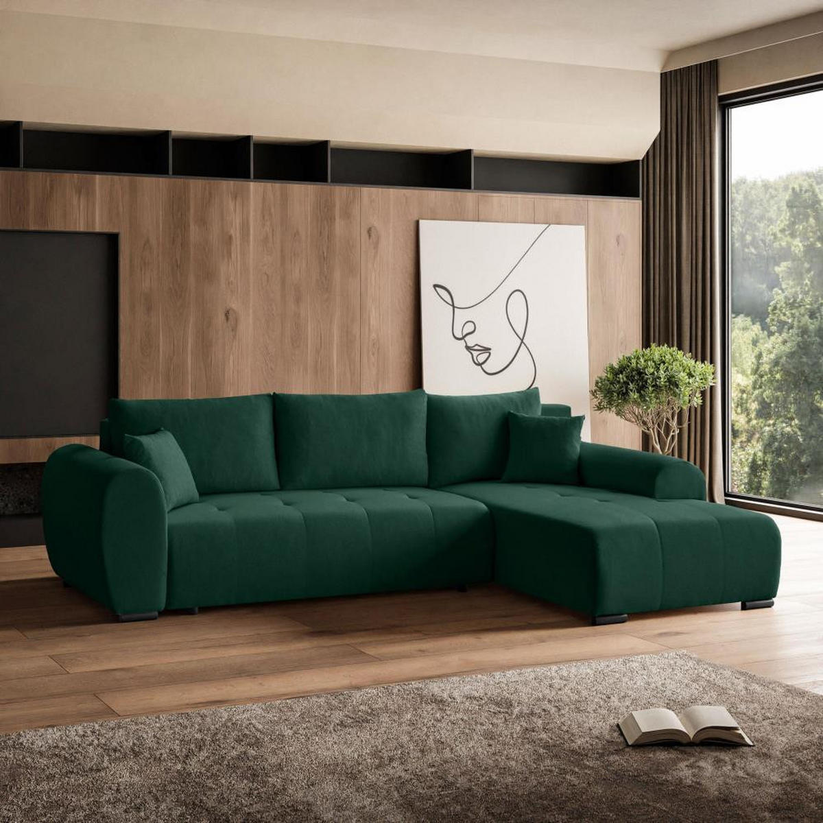 ECKSCHLAFSOFA Diana mt Bettkasten dunkelgrün rechts - Dunkelgrün/Schwarz, Textil (255/175cm) - Beautysofa