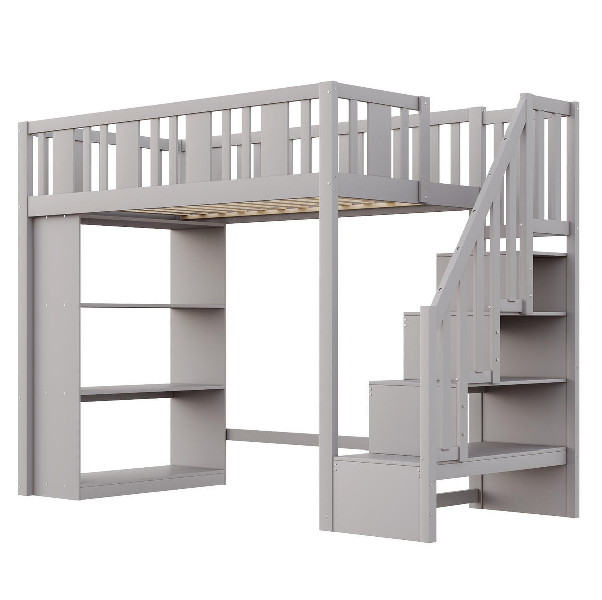 HOCHBETT 90/200 cm Grau aus Kiefernholz mit Stauraumtreppe - Grau, Holz (90/200cm) - Flora Grace