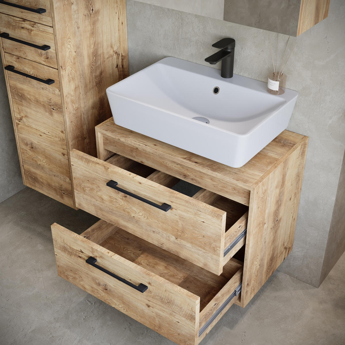 BADMÖBEL-SET Florence 3 Teile Kastanien Eiche - 60 x 35 x 47 cm - Eichefarben, Holz (60/47/35cm) - Badplaats