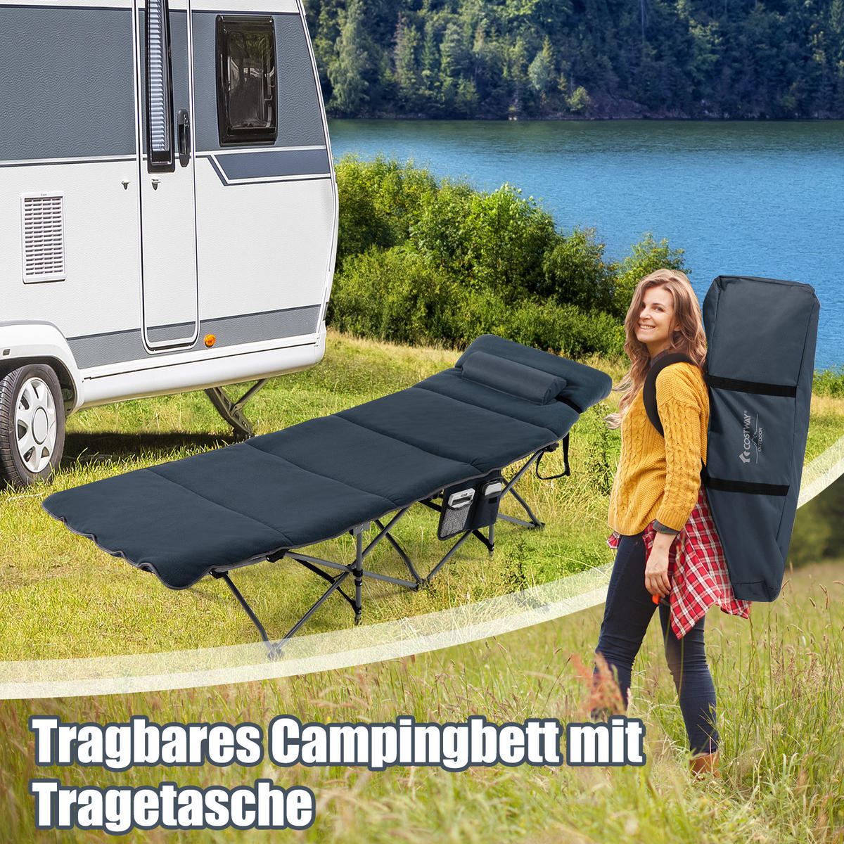 CAMPINGBETT Mit Matratze+Kissen Blau - Blau, Metall - COSTWAY