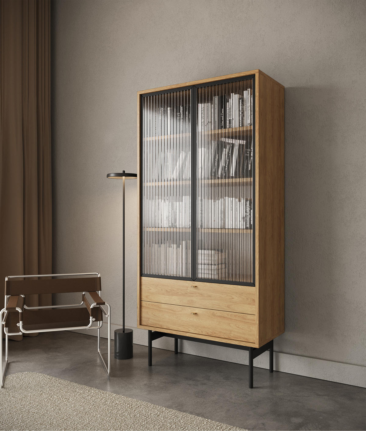 VITRINE Olar Holzoptik Hickory Natur 85 cm - Beige/Goldfarben, Holzwerkstoff/Metall (85/179/41cm) - Selsey