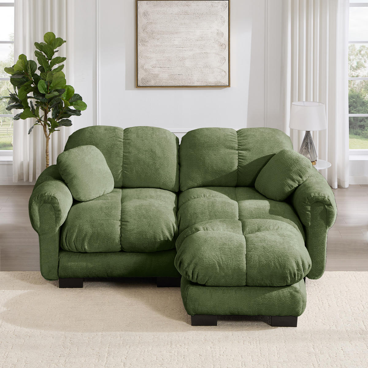 ECKSOFA DE-34384 L-Form mit Ottoman und Steppdesign Grün - Grün, Textil (149/190cm) - ComfortXL