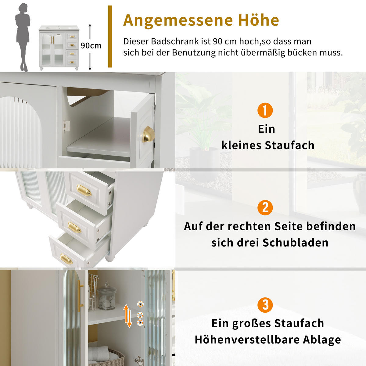 BADEZIMMERSCHRANK mit Becken 80x47x90 cm Weiß aus Porzellan & MDF mit 2 Schränken & 3 Schubladen - Weiß, Holzwerkstoff (80/90/47cm) - Modfu