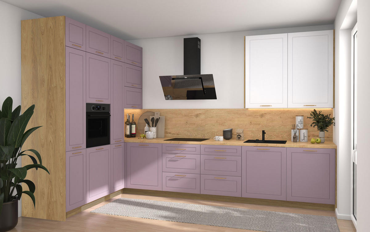 L-FORM KÜCHENZEILE Bari (16-tlg) Eiche Artisan / Pastellviolett - Signalweiß - Violett, Holzwerkstoff/Metall (347/243/202cm) - Feldmann-Wohnen