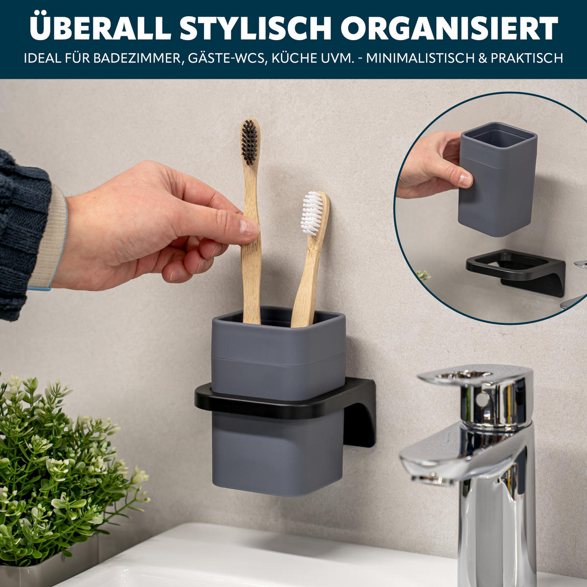 ZAHNPUTZBECHER SAVONA Softtouch, grau, eckig - Grau, Kunststoff (9/10.5/9cm) - bremermann