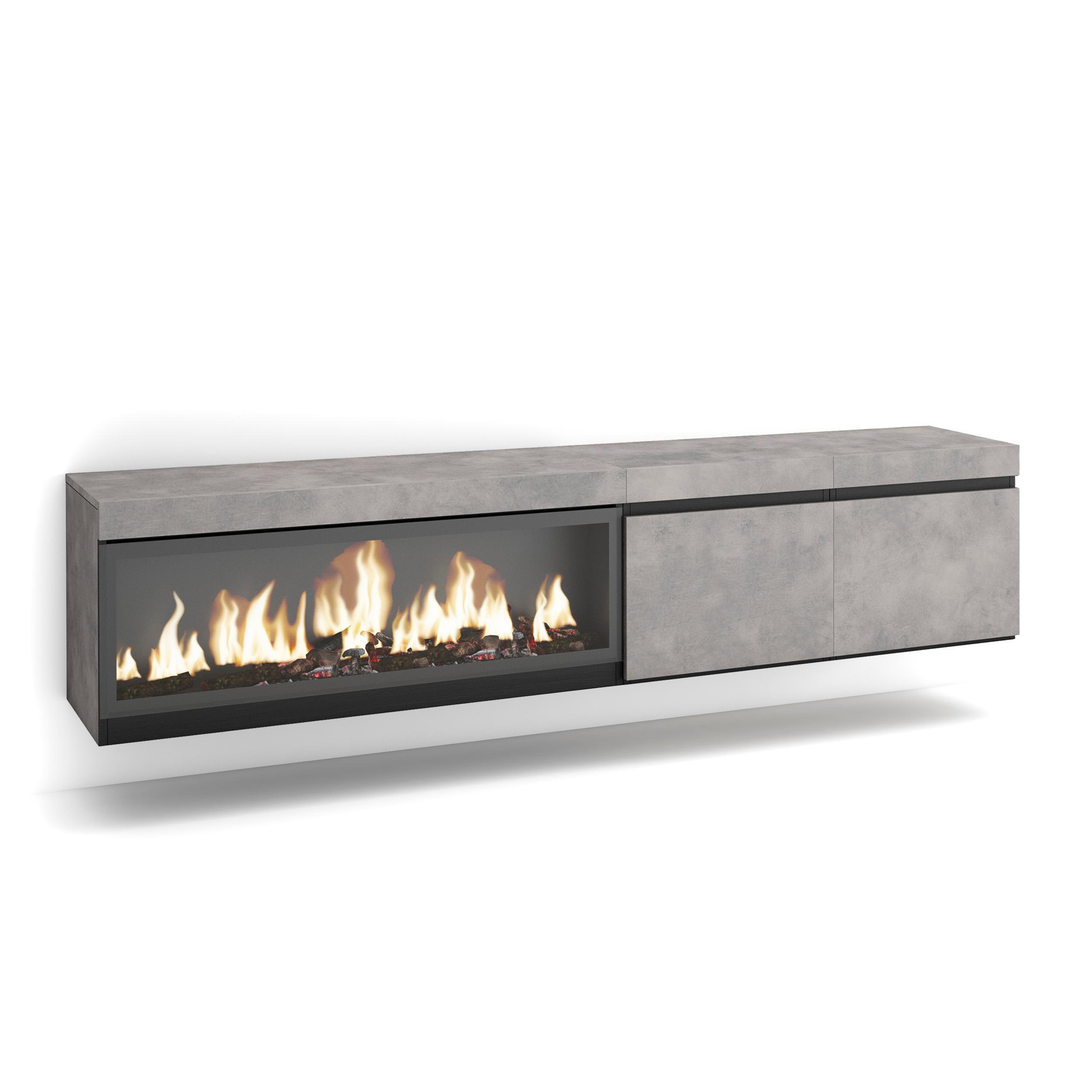 LOWBOARD, Tv-Schrank Elektrokamin XXL, Hängend, zementgrau, 208/35/45cm - Grau, Holzwerkstoff (208/45/35cm) - Skraut Home