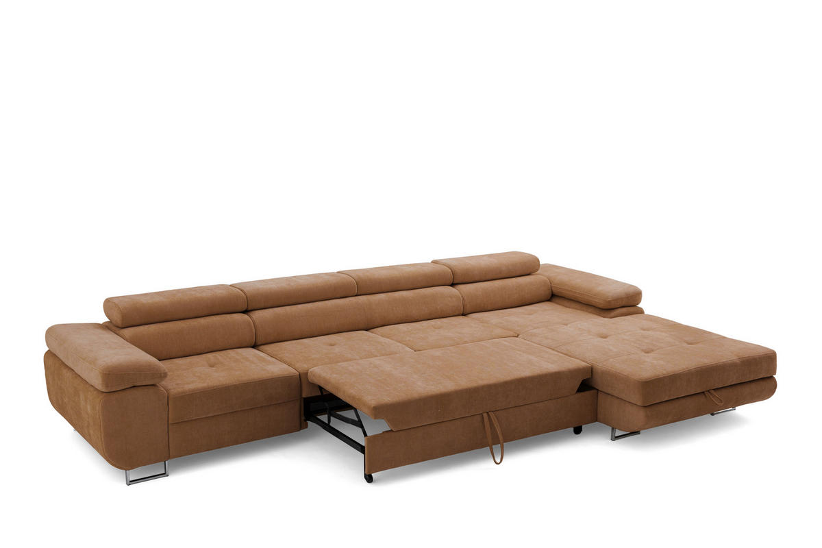 ECKSOFA ALONZO MAXI Rechts mit Schlaffunktion 125x195 Chenille Braun - Chromfarben/Braun, Holz/Textil (350/203cm) - Muffo