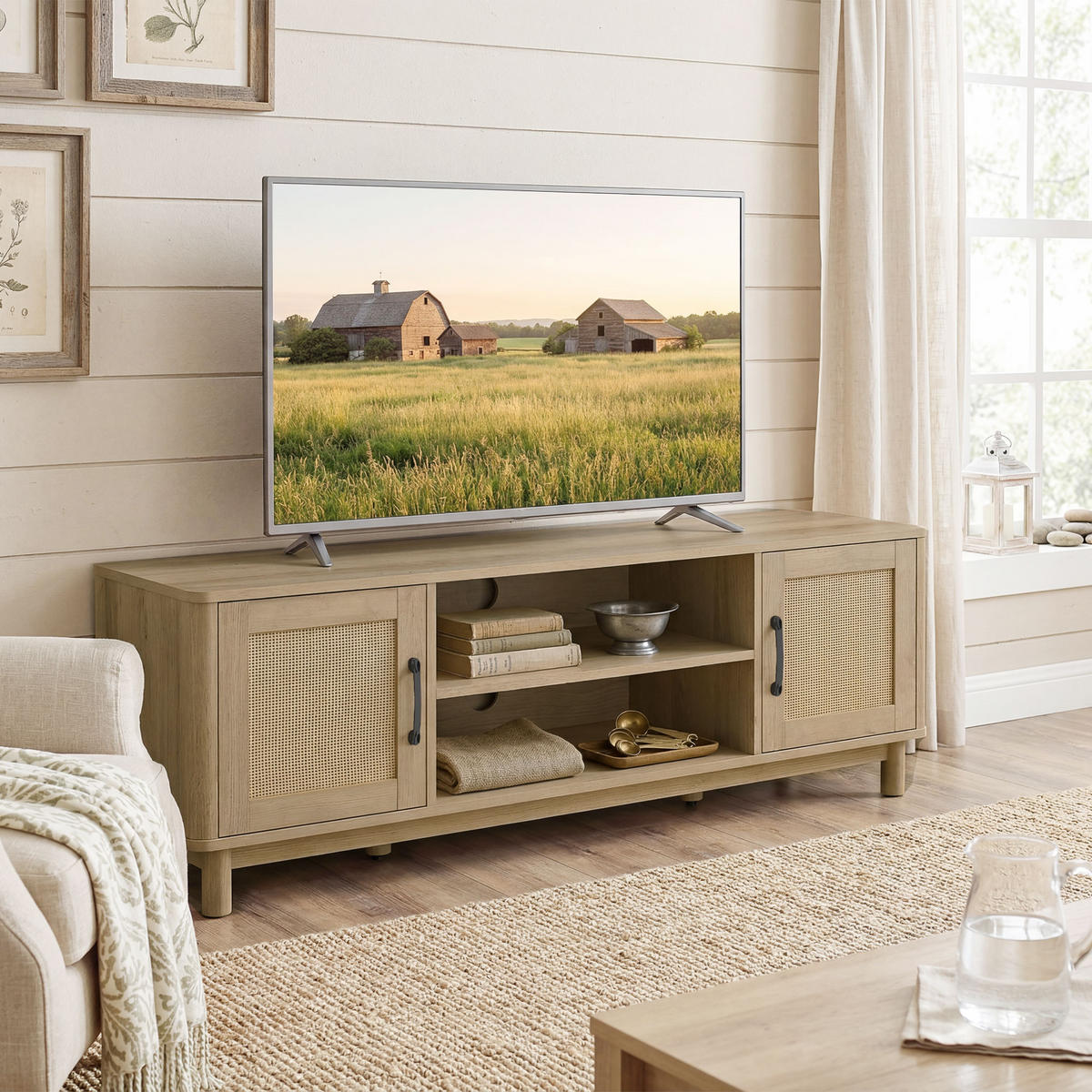 TV-LOWBOARD Eichefarben/Natur 135/39/45 cm, 2 Türen mit Rattangeflecht - Eichefarben, Naturmaterialien (135/45/39cm) - PANGIVO
