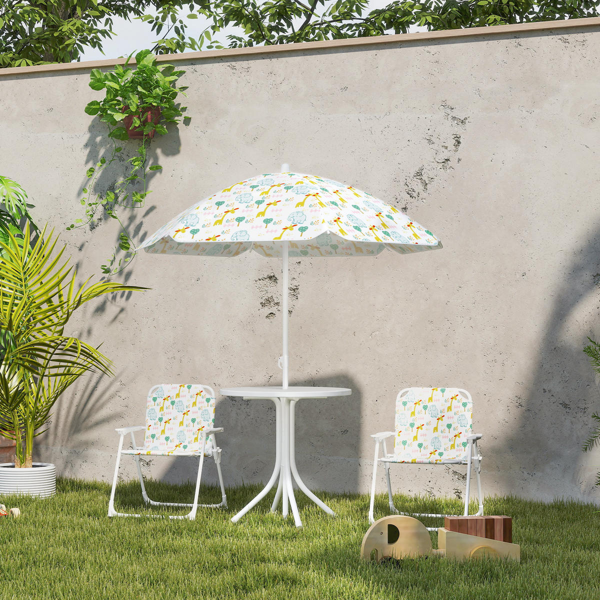 4 tlg. Kindersitzgruppe Garten mit Gartentisch 2 Klappstühle Sonnenschirm - Weiß, Metall - AIYAPLAY