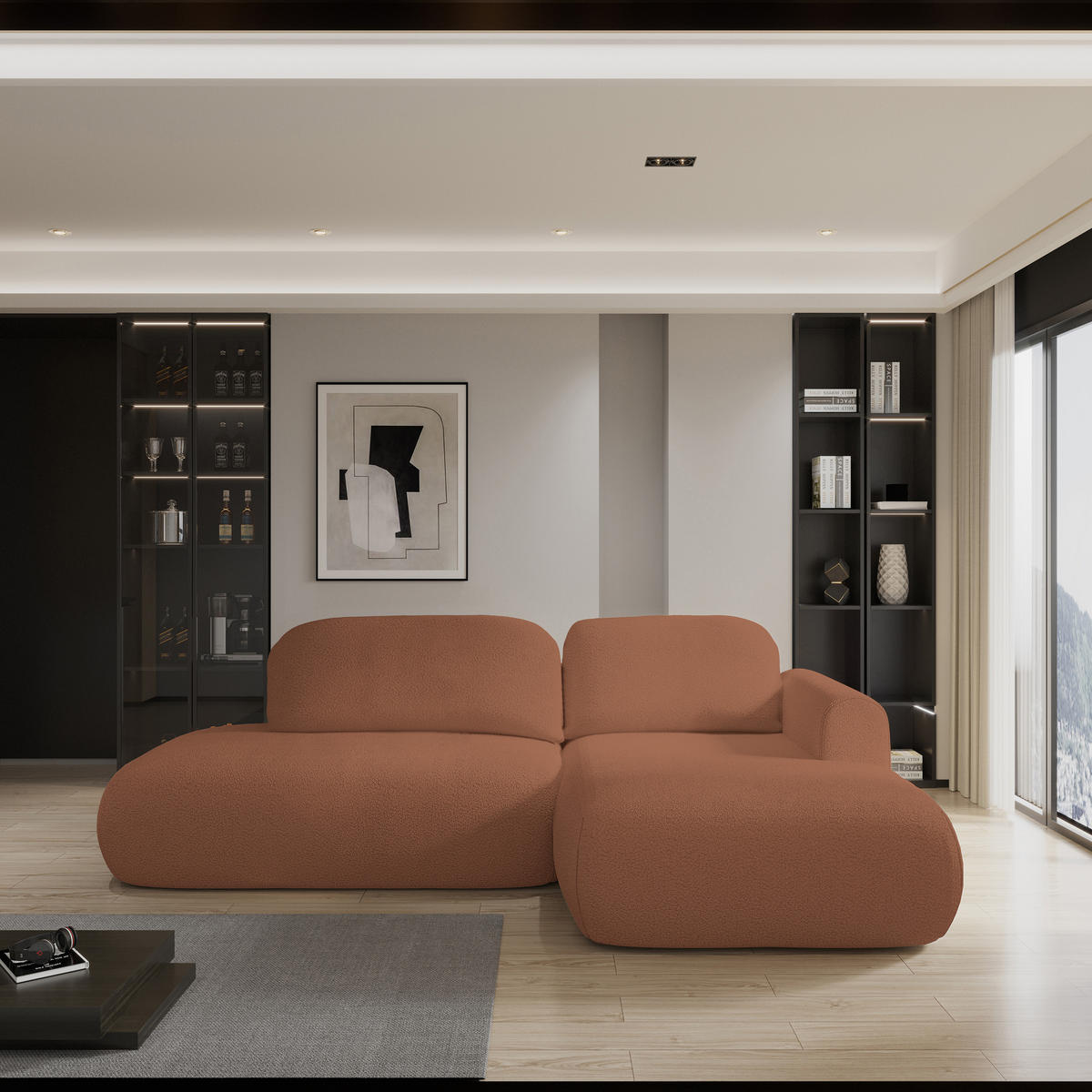 ECKSOFA NUVIRA R-S Kupferfarben Boucle-Stoff mit Schlaffunktion - Kupferfarben, Holz (279/158cm) - MASSENO