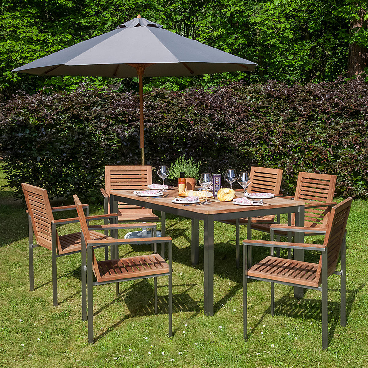 ESSGRUPPE KOMBI A PLUS - 7-teilig - Teak massiv / Edelstahl - Silberfarben/Braun, Holz/Metall - home24