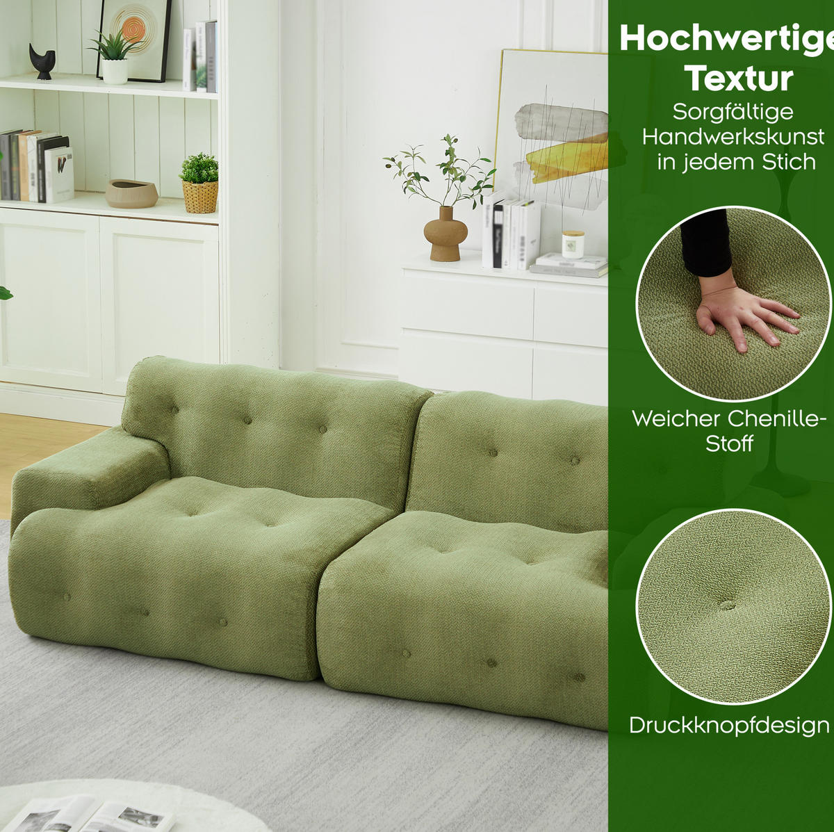 2-SITZER-SOFA aus Chenille 224x104x66 cm Grün montagefrei mit tiefer Sitzfläche, breiten Armlehnen und Knopfheftung - Grün, Textil (224/66/104cm) - Modfu