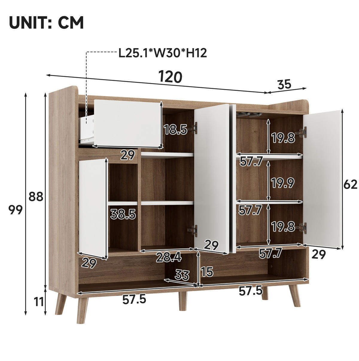 SCHUHSCHRANK aus Spanplatte 120x35x99cm in Natur mit 4 Türen & Schublade - Naturfarben, Holzwerkstoff (120/99/35cm) - Modfu