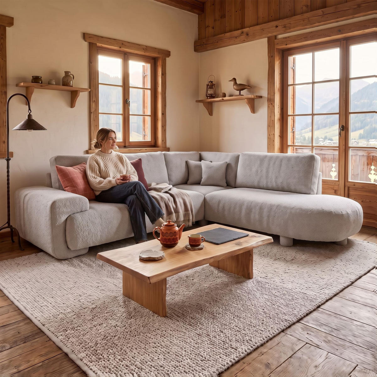 4-SITZER Ecksofa MIRABEL L Rechts 255x285 cm Bouclé Beige - Beige, Holz/Kunststoff (255/285cm) - Muffo