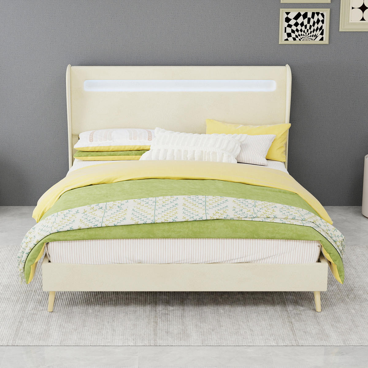POLSTERBETT 140/200 cm DE-35471 mit LED-Kopfteil Beige - Beige, Metall (140/200cm) - ComfortXL