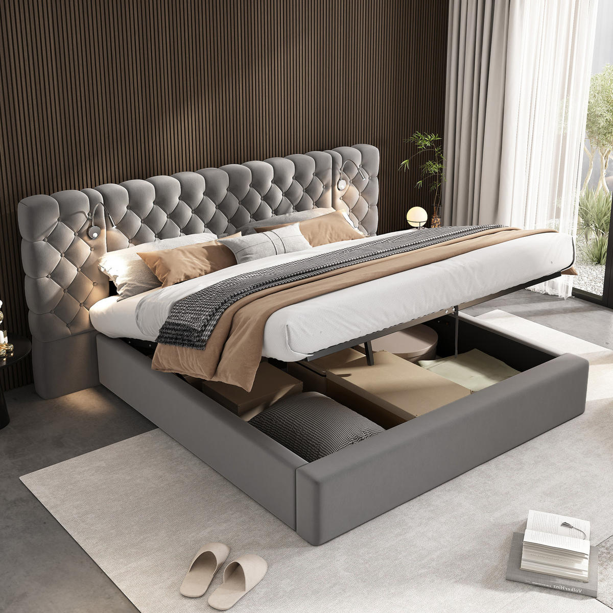 SAMT-POLSTERBETT 180/200 cm mit Bettkasten, LED-Beleuchtung und Lattenrost - Grau, Textil (180/200cm) - BEAOK