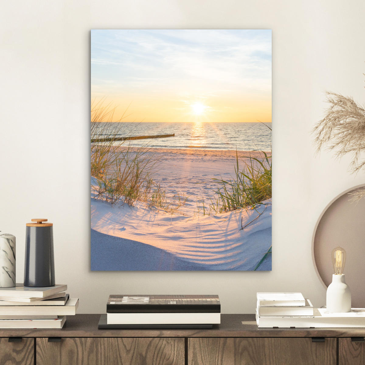 KOVOVÝ OBRAZ Pláž - Slnko - Duny - Tráva - Piesok - Horizont 30x40 cm - svetlomodrá, kov (30/40cm) - MuchoWow