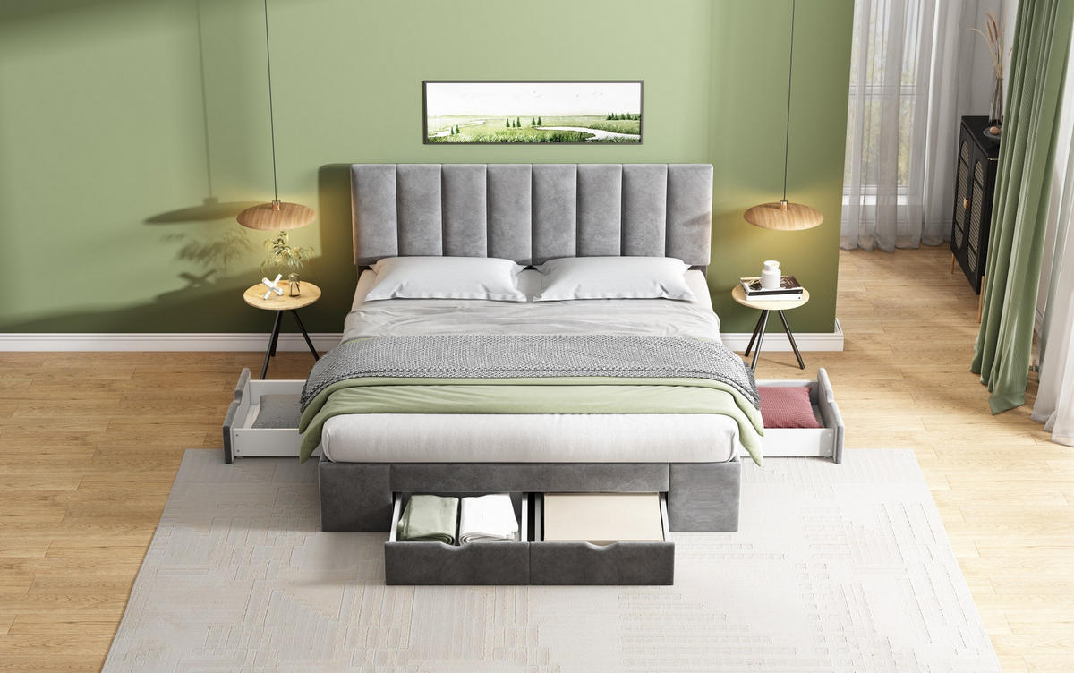 POLSTERBETT 160/200 cm grau aus Samt mit 4 Schubladen - Grau, Textil (160/200cm) - OKMYHOME
