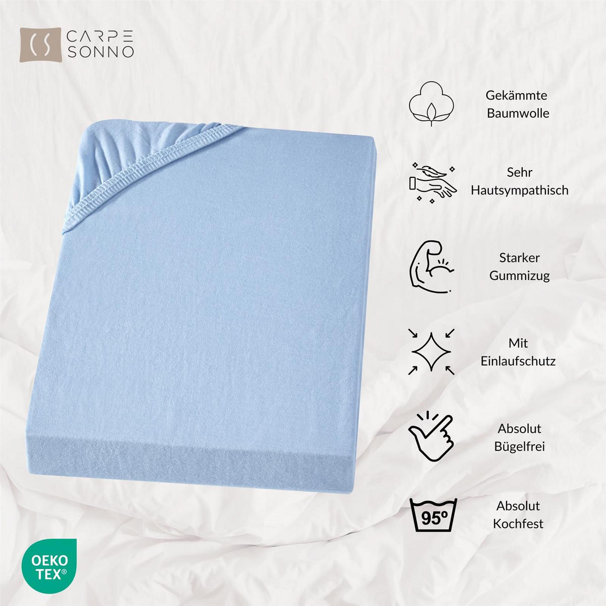 SPANNBETTLAKEN-BOXSPRINGBETT 90x200 - 100x200 Jersey Spannbetttuch 100% Baumwolle, Bettlaken Uni Hellblau - Hellblau, Textil (100/200cm) - Carpe Sonno