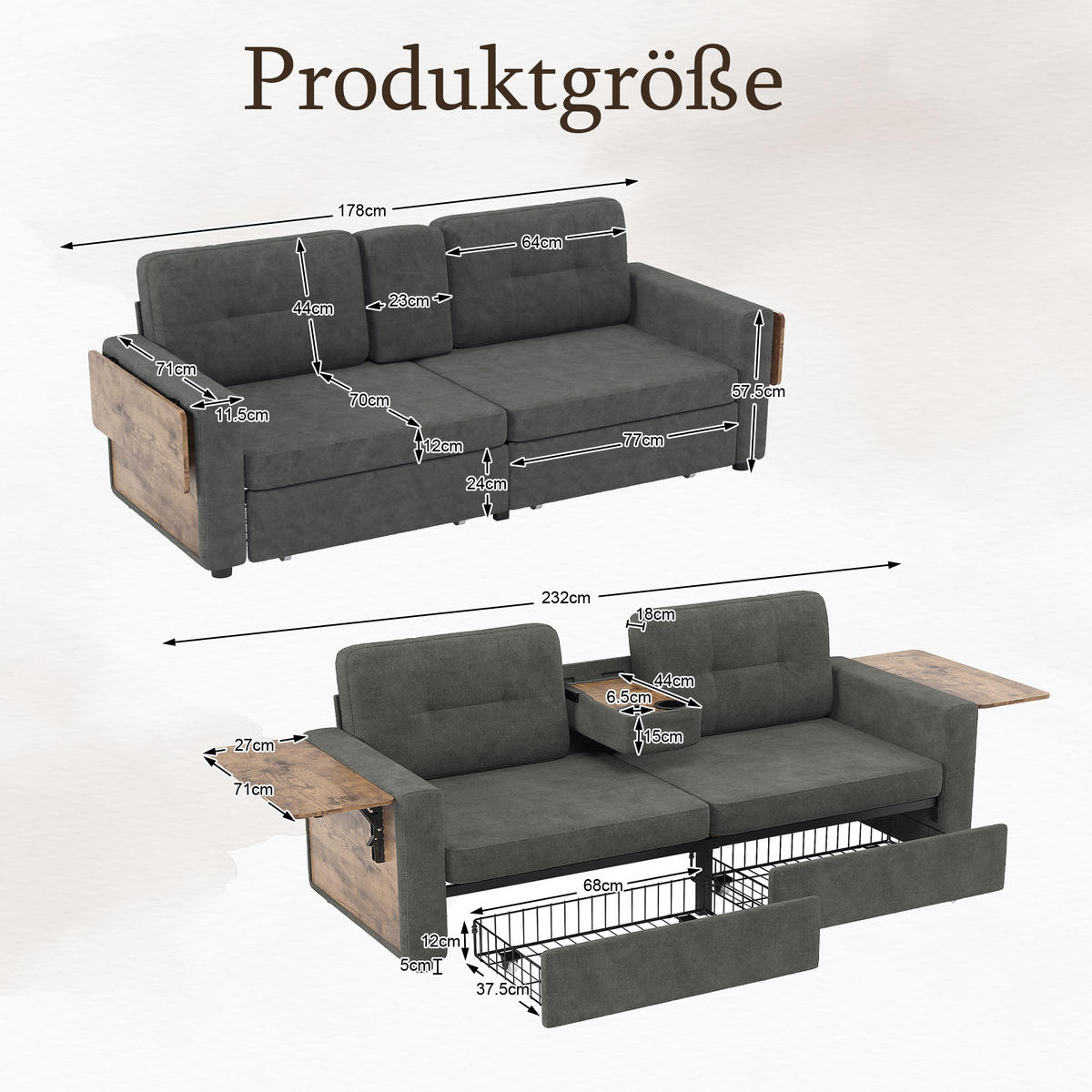 2-SITZER-SOFA mit Laptop-Tisch und Stauraum, DE-42611, Grau - Dunkelgrau, Metall (178/57.5/71cm) - ComfortXL