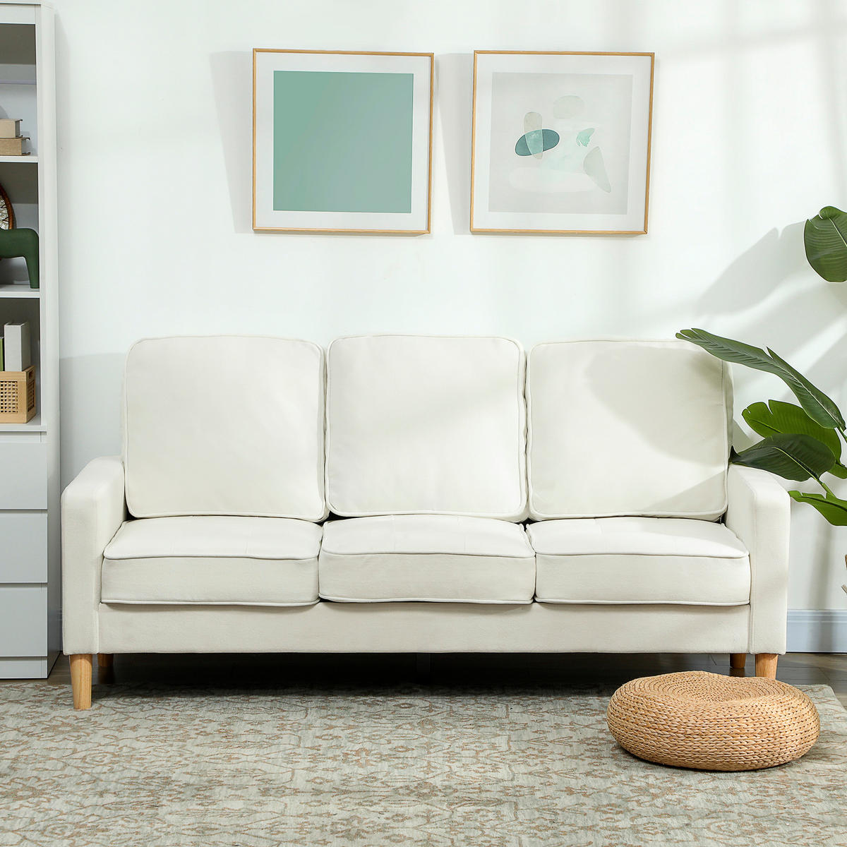3-SITZER Sofa, Couch mit Armlehnen, Getufteter Rückenlehne, Samtoptik, Creme - Creme/Naturfarben, Holz/Textil (79/82/185cm) - HOMCOM