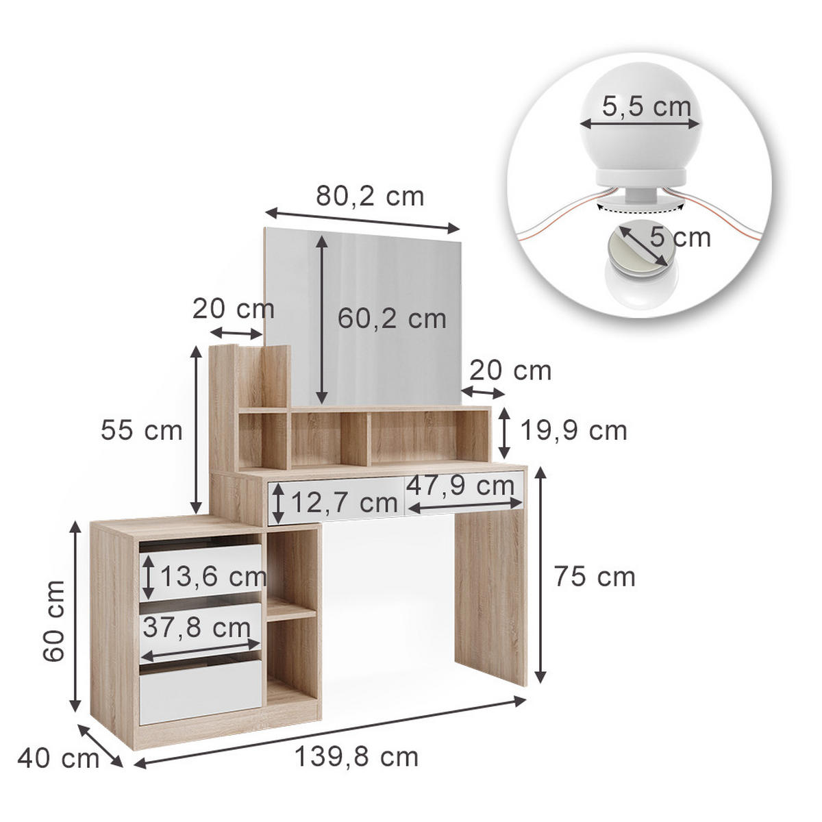 TOALETNÍ STOLEK Anja Bílá/Sonoma - bílá/Sonoma dub, kompozitní dřevo (139.8/115/40cm) - Vicco
