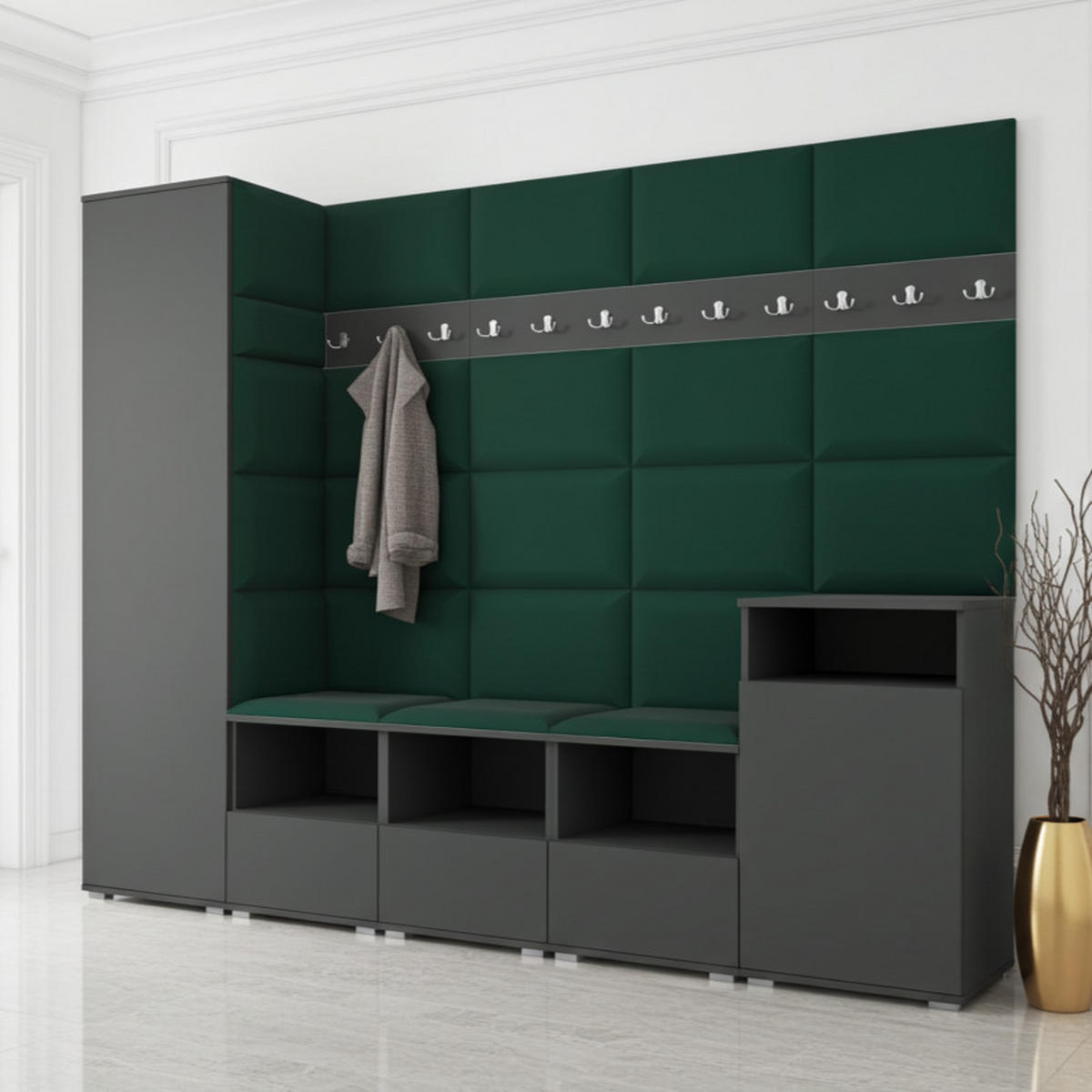 GARDEROBE NELA XI 250 cm (Modulare Flurmöbel Graphit mit Sitzpolster Flaschengrün 28 Großes Set) - Dunkelgrün/Silberfarben, Holz/Holzwerkstoff (250/187/40cm) - Ravio