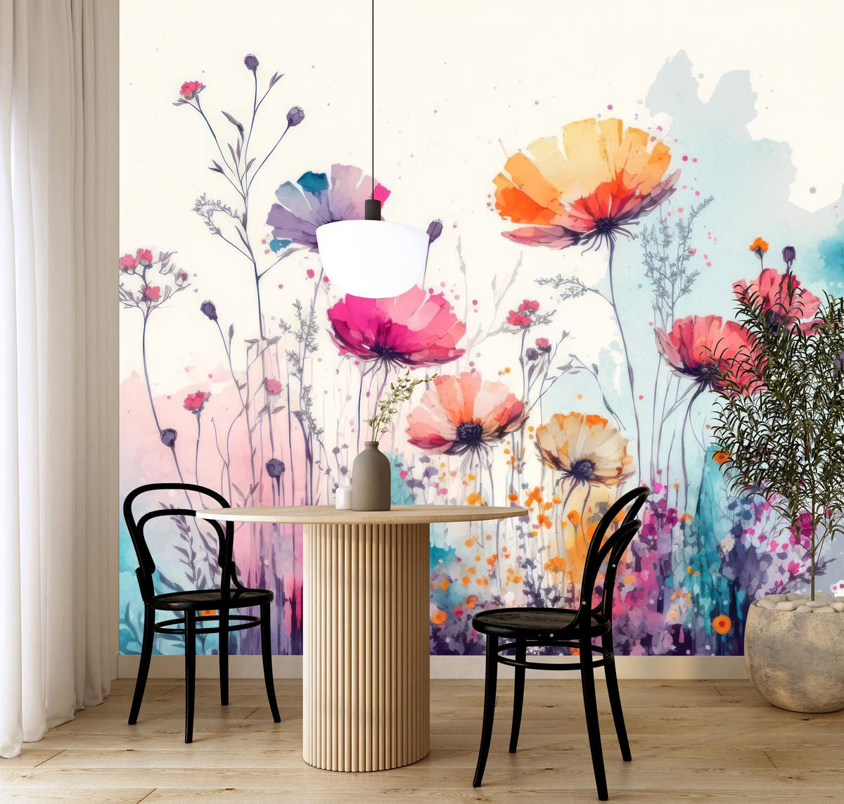 FOTOTAPETE für Schlafzimmer Abstrakte Bunte Wiesenblumen Aquarell 250x175 - Türkis/Rot, Papier (250/175cm) - Muralo