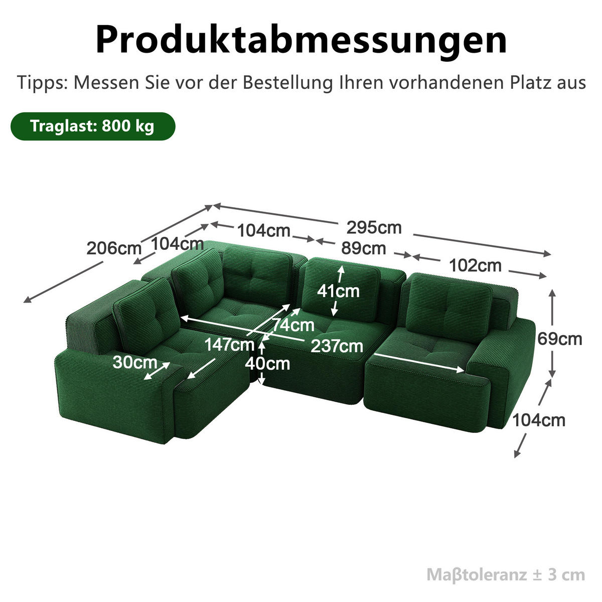 ECKSOFA DE-34222 modularer Tiefsitz Grün - Grün, Textil (104/382cm) - ComfortXL