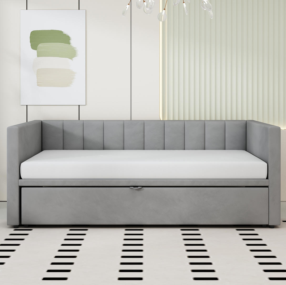 ROZKLÁDACÍ postel 90/200 cm šedá ze sametu s výsuvným lůžkem a lamelovým roštem - šedá, kůže (90/200cm) - OKWISH