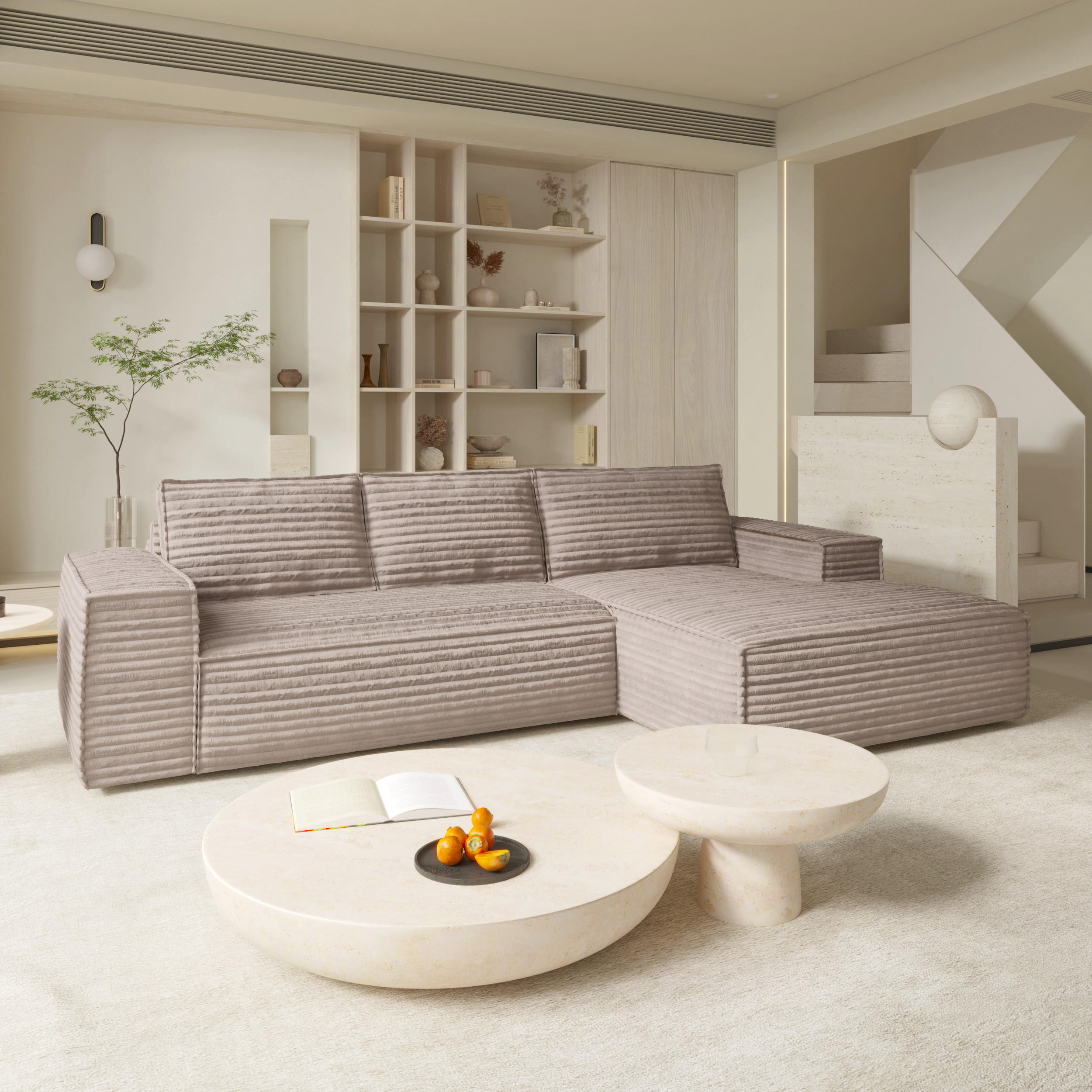 ECKSOFA RECHTS Gerippter Samt Taupe 302cm - Taupe, Textil (302/165cm) - Sia Home