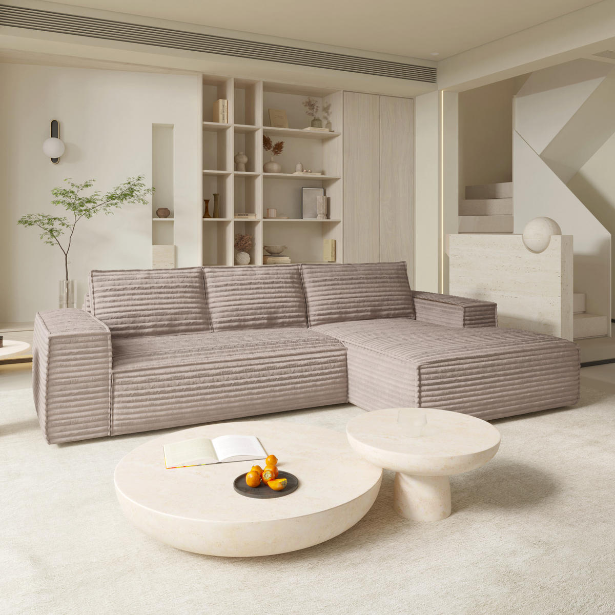 ECKSOFA RECHTS Gerippter Samt Taupe 302cm - Taupe, Textil (302/165cm) - Sia Home