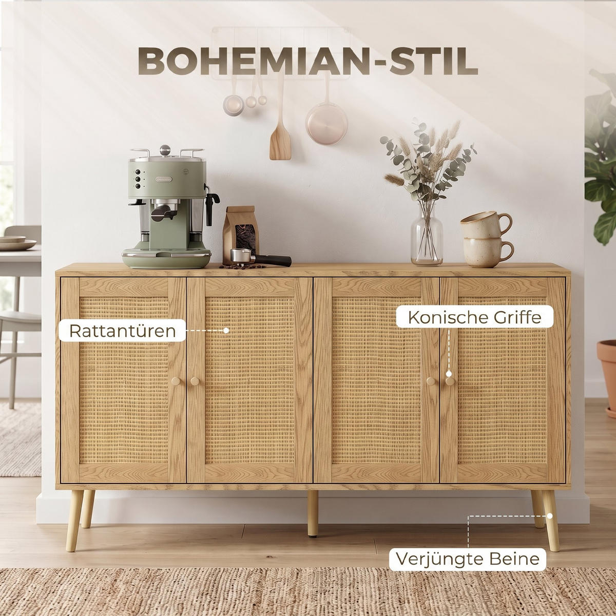 SIDEBOARD MDF Naturholz Natur - Naturfarben, Holz/Holzwerkstoff (40/75/140cm) - HOMCOM