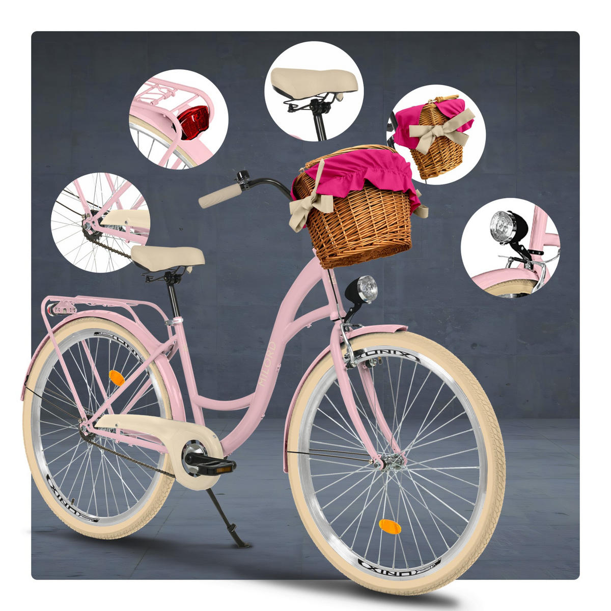 CITY-FAHRRAD Milord mit Weidenkorb, 28 Zoll, Rosa-Creme, 1-Gang - Pink/Creme, Metall (46cm) - Milordbikes