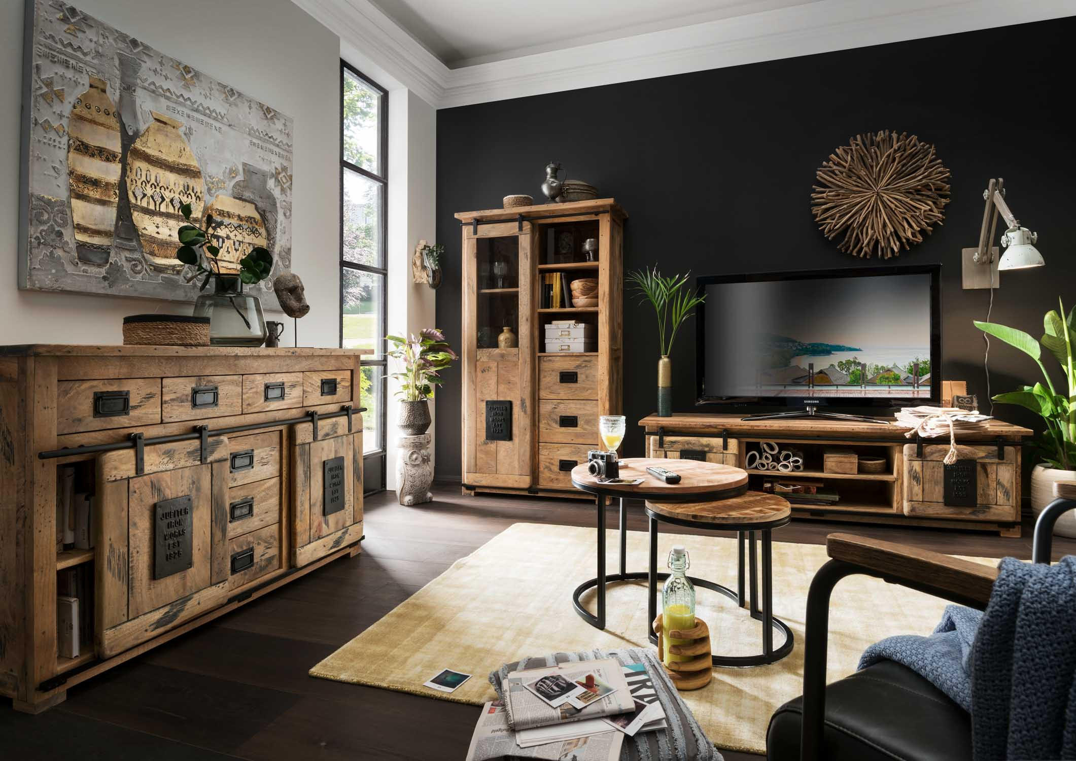 TV-ELEMENT Florenz Mango Vintage 180 x 55 x 50 cm - Schwarz/Braun, Holz (180/50/55cm) - Mr. Deko