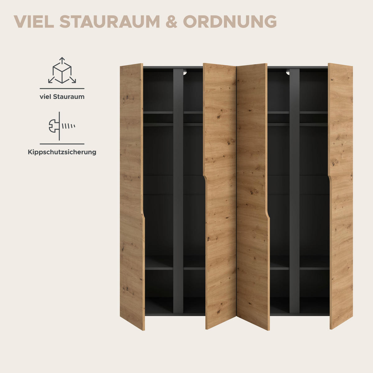 KLEIDERSCHRANKKOMBINATION ANGA (B/H/T: ca. 160/180/51 cm) in anthrazit/Artisan Eiche Nachbildung - Anthrazit, Holzwerkstoff (160/180/51cm)