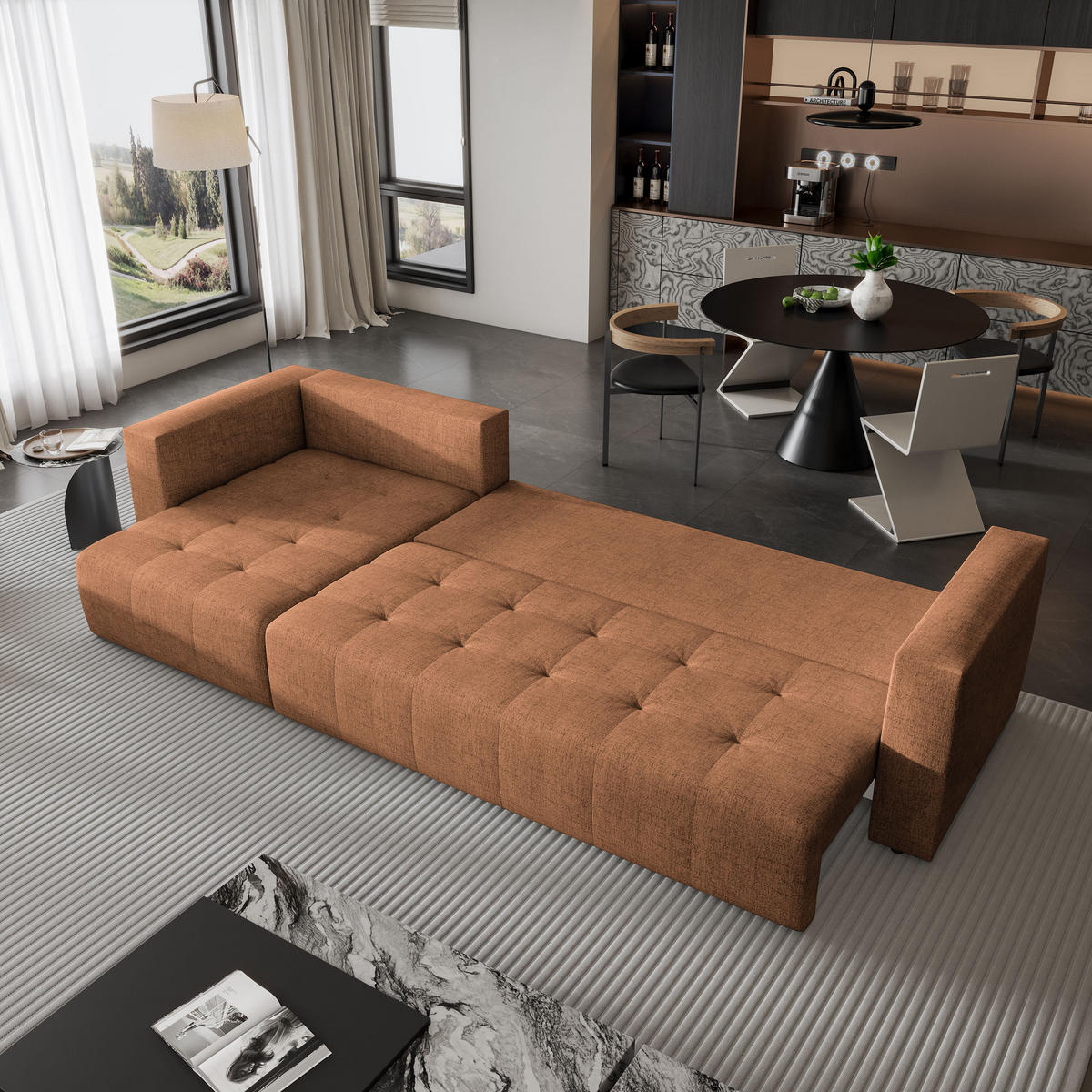 ECKSOFA OLVERA Kupferfarben Geflochtener Stoff mit Schlaffunktion - Kupferfarben, Holz (347/148cm) - MASSENO