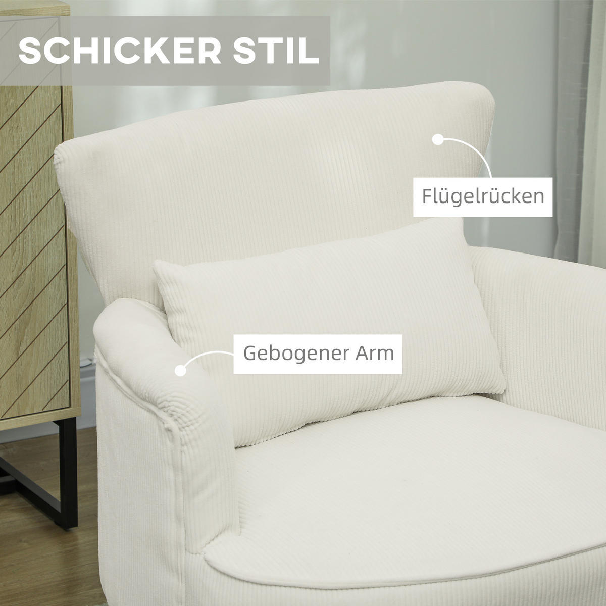 SESSEL mit Rückenlehne, abgerundeten Armlehnen Gepolstert Loungesessel Kordoptik - Beige, Textil (69/78/69.5cm) - HOMCOM